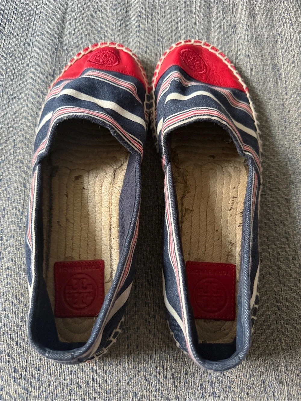 Tory Burch Red Blue White Stripe Cap Toe Colorblock Leather Espadrilles Size: 9